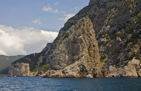 海岸上有岩石的海景观记录在克里米亚黑海地区的Bal图片