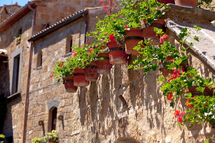意大利古老石墙壁上的亮花盆图片