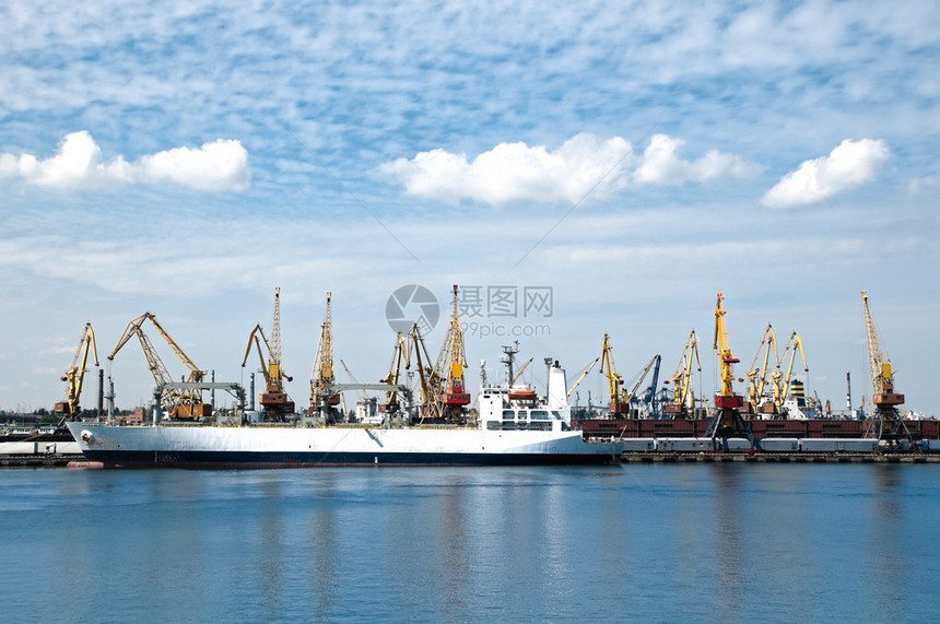 大型货轮在大海港停靠背着许多起重机图片