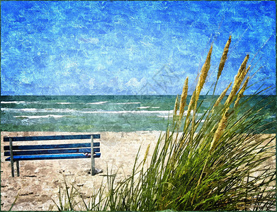 海景荒滩与孤独的蓝色长椅图片