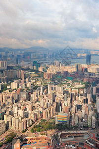 维多利亚港的空中观光和香港的天线与图片