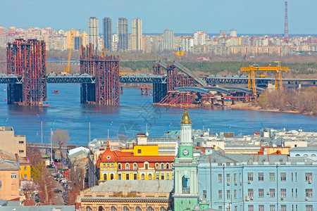 基辅公共汽车和工业城市风景河流图片
