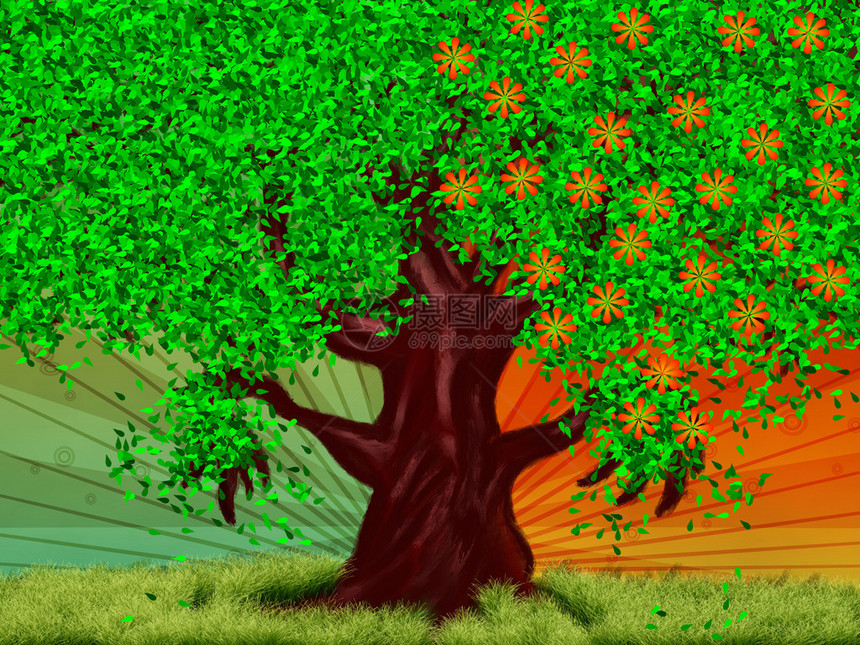 春季和夏季大幻想树的数字摘要插图图片