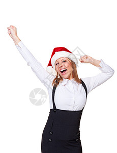 兴奋的圣诞女商人举起手欢呼雀跃在白图片