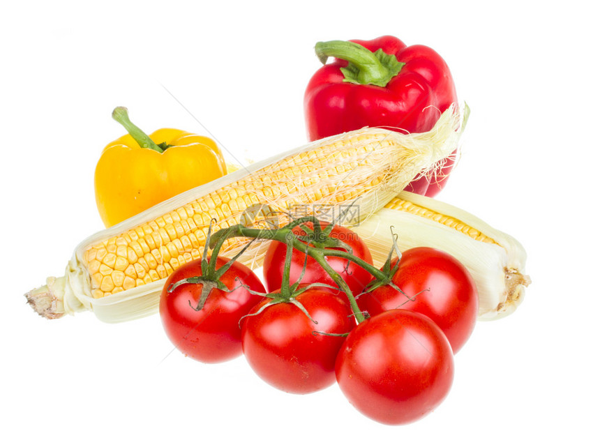 胡椒成熟的黄色玉米和番茄图片