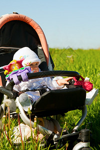 坐在婴儿车里的小女孩在大自然中图片