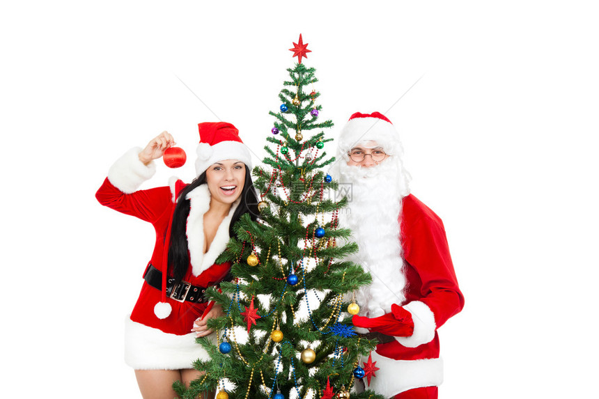 圣诞老人圣诞节女孩绿色装饰树白背图片