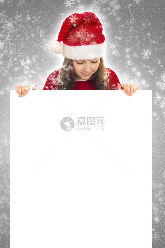 圣诞快乐女孩在灰色背景和雪花上图片