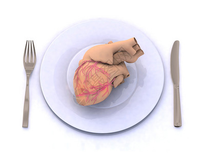 人类心脏用叉子刀和叉子放在盘子图片