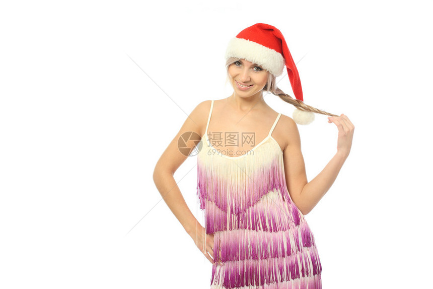 那个戴着圣诞老人帽子的女孩笑着图片