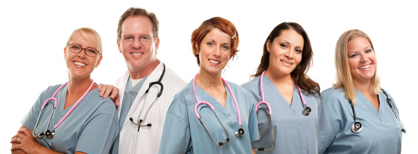 集团的微笑男和女医生或护士图片