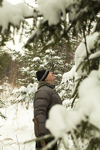 在树林里寻找圣诞树的人图片