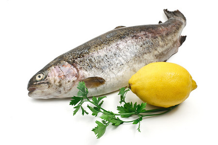 一条虹鳟鱼配柠檬和欧芹在白色背景图片