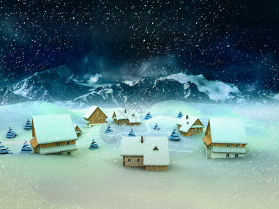 冬季村庄景观与山脉和降雪插图图片