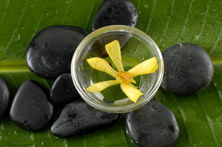 一碗兰花和香蕉叶上的治疗石图片