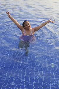 亚洲女孩在游泳池里游泳图片