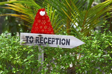 在马尔代夫接受带有圣诞帽子的热带旅馆时图片