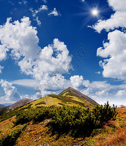 阳光明媚的风景与山峰夏日的一天图片