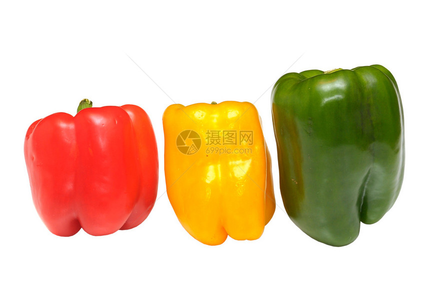 红色黄色和绿色的辣椒被白色隔离图片