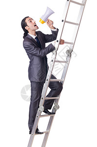 商人爬上白色孤立的梯子图片