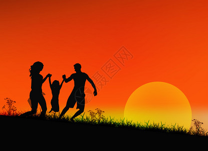 日落背景下的幸福家庭图片