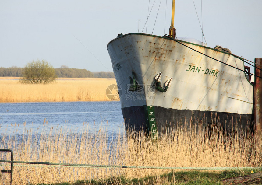 一艘旧船停泊在有芦苇的河岸的图像图片