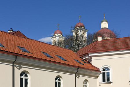 古代欧洲城市历史旅行概念的红色公域屋顶背景图片