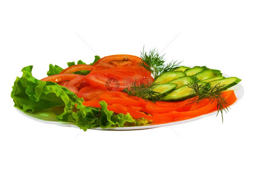 西红柿切片美味的沙拉盘孤立在白色背图片