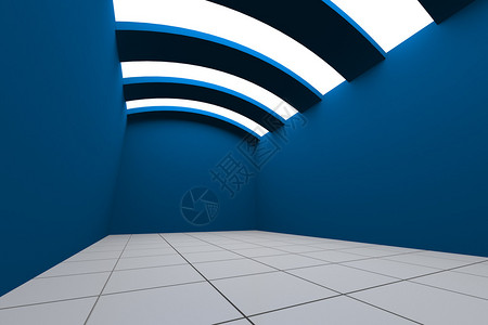 彩色蓝空房间室内装饰曲线天花板与瓷砖地板图片