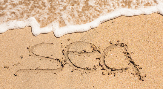 海字写在沙滩上的沙滩上背景图片