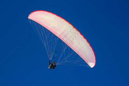 红滑翔伞对抗无云的蓝天空在阳图片