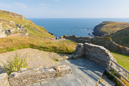 斯托廷吉特TintagelCastleCornwallNorman在英国Cornwall的Tintagel村附近的Tintagel岛半上背景