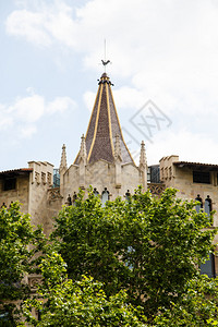 西班牙巴塞罗那的一座古老教堂尖塔在树图片