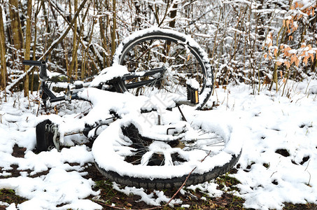 一辆废弃的自行车躺在冬季公园里背景图片