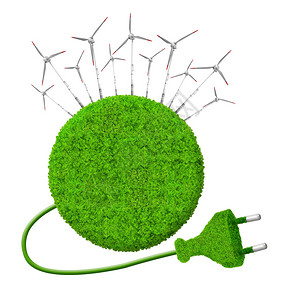 带风力涡轮机的绿色星球绿色能源概念图片