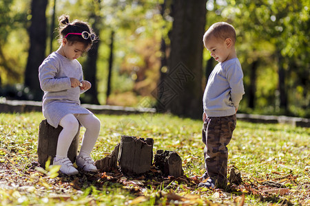 秋天森林的小男孩和女孩图片