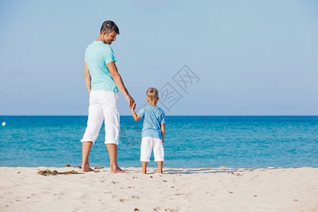 父亲和儿子在海边观看热带白沙图片
