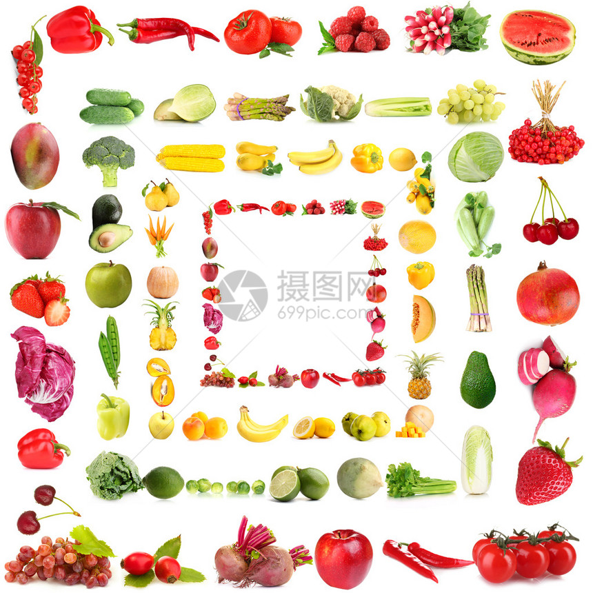 收集在白色上分离的水果和蔬菜图片