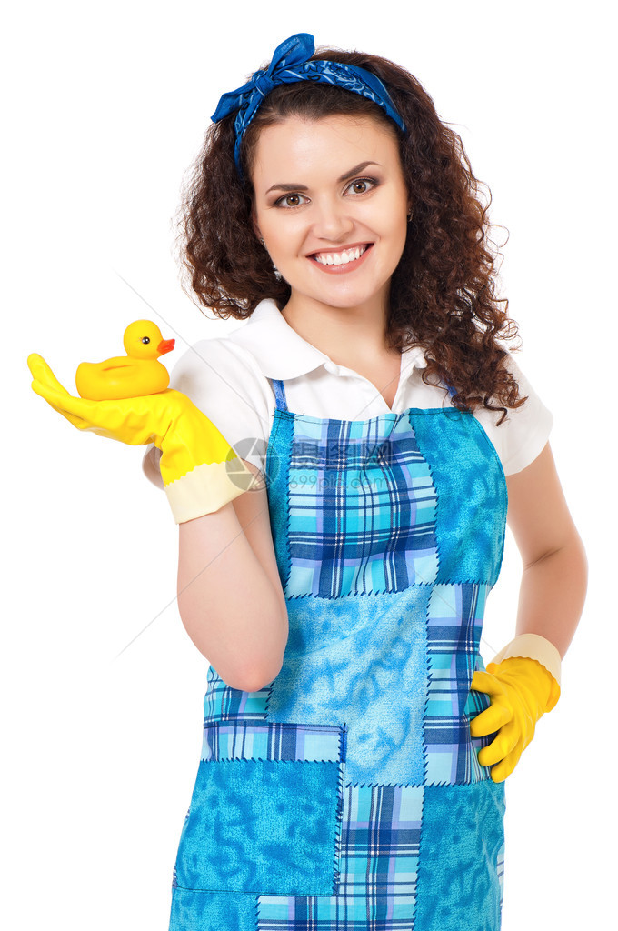 年轻家庭主妇带黄色手套和橡皮鸭孤立图片