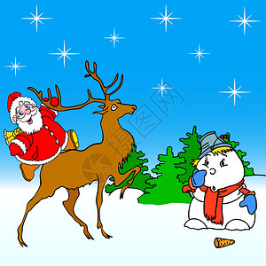 圣诞老人骑着鹿和雪人图片
