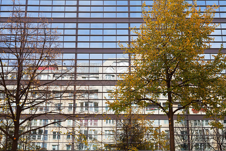 玻璃建筑外墙的城市住宅房屋的反射图图片