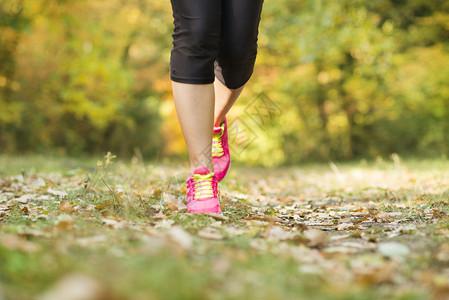 在秋叶训练中跑步的跑步者的脚特写图片