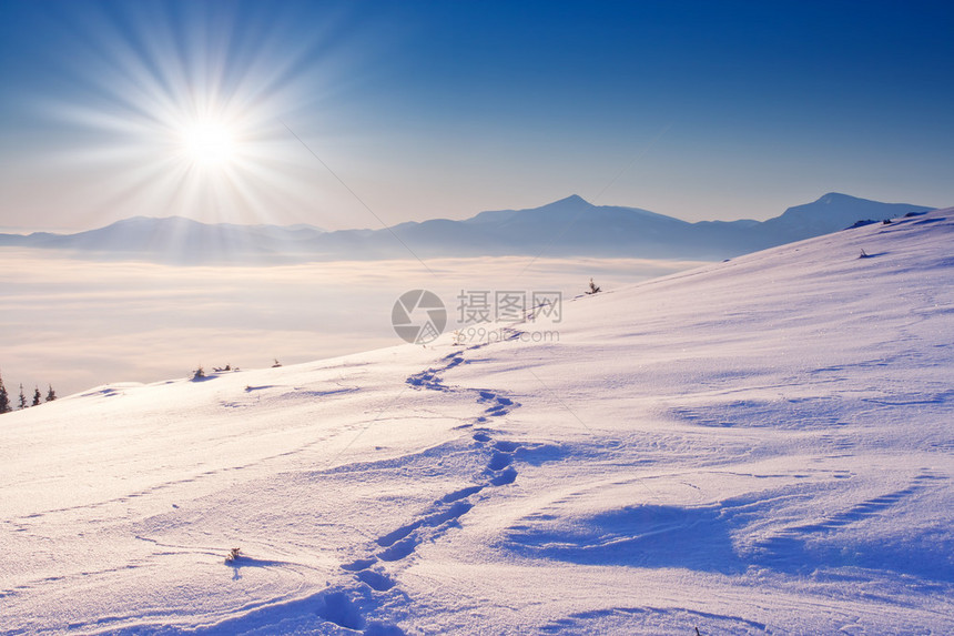 美丽的冬季景观与山中的雪图片