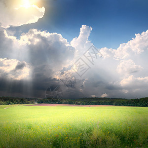 美丽的夏日风景与麦田和云彩图片
