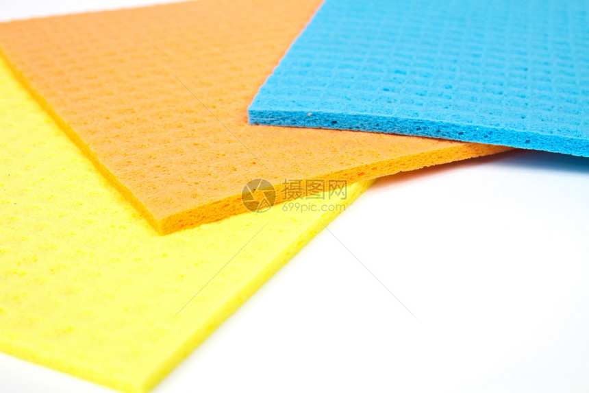 厨房毛巾黄色橙色和蓝色的多孔吸水材料图片