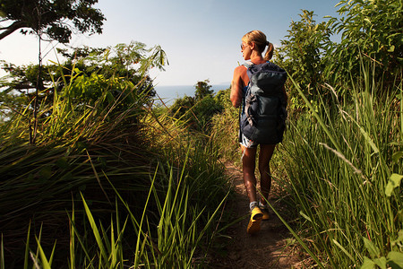 背包徒步旅行者穿过热带茂密的草地图片