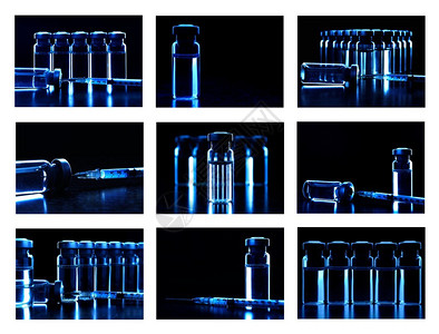 许多图像与药瓶的拼贴深蓝色图片