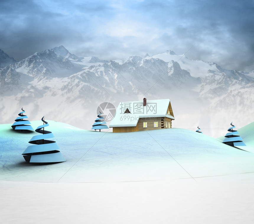孤独的山间小屋与高山景观插图图片