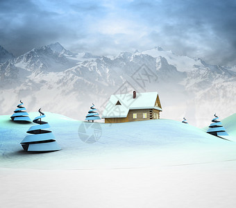 孤独的山间小屋与高山景观插图图片