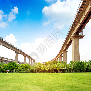 蓝天白云绿草坪高架桥的背景图片